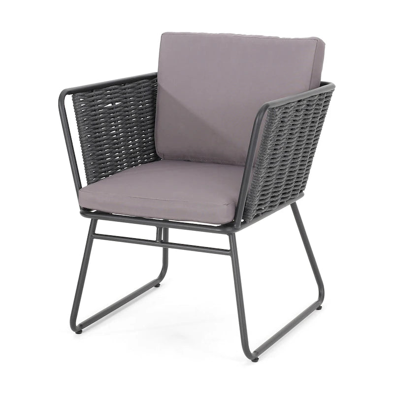Lot de 2 fauteuils d'extérieur, corde tressée, métal noir et oléfine grise