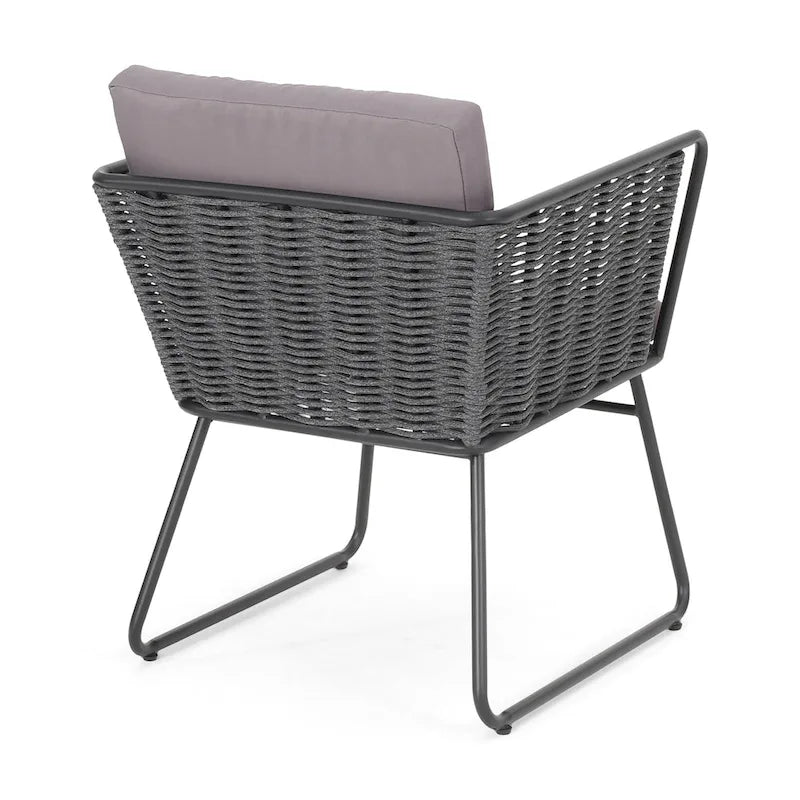 Lot de 2 fauteuils d'extérieur, corde tressée, métal noir et oléfine grise