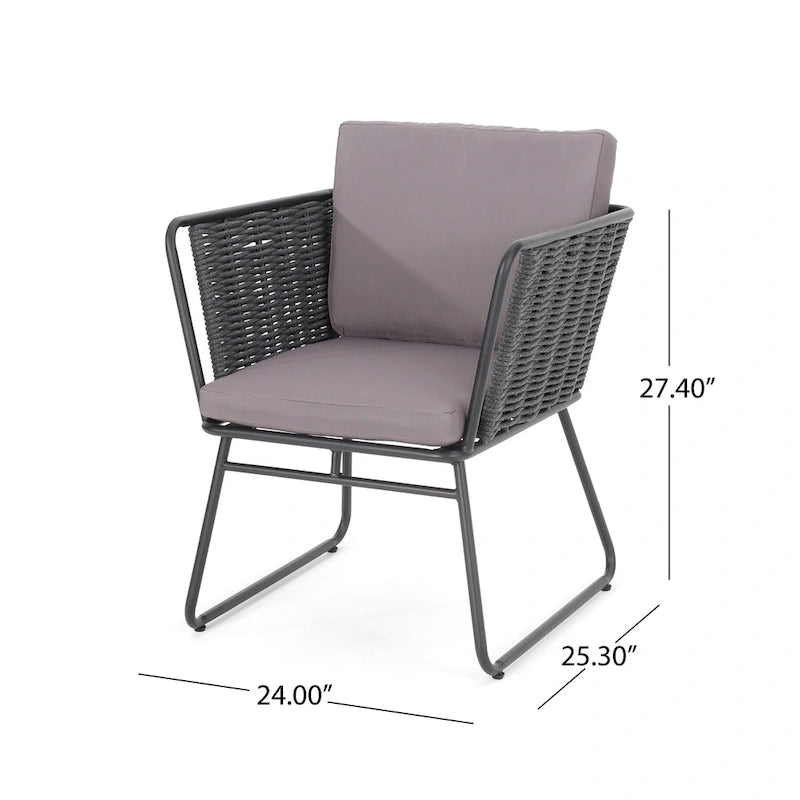 Lot de 2 fauteuils d'extérieur, corde tressée, métal noir et oléfine grise
