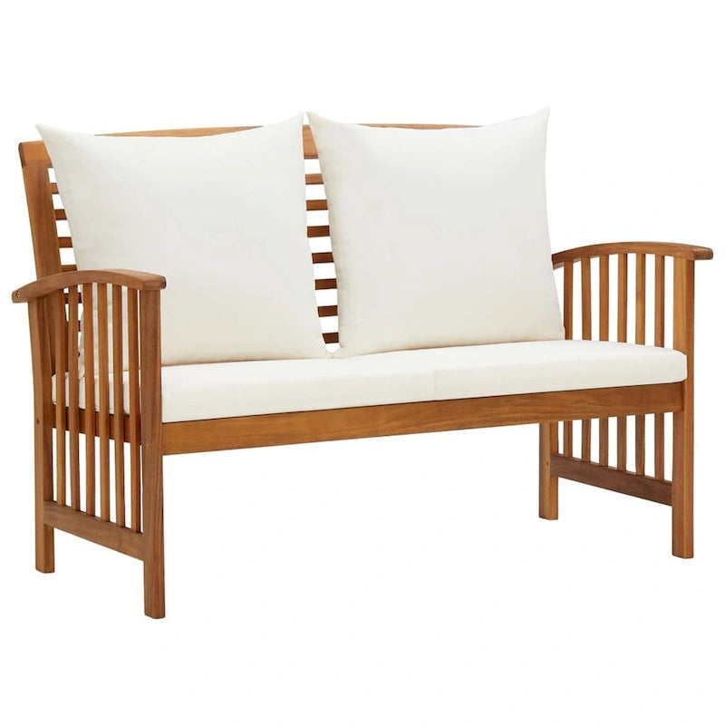 Mia Outdoor Loveseat Bench, Gray Cushions, Brown Solid Wood, 47 Inch