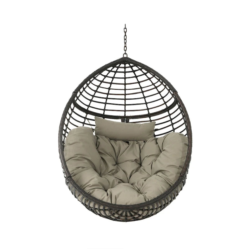Jaya Outdoor Hanging Chair, Basket Shape, Khaki Brown Rattan, 47 Inch