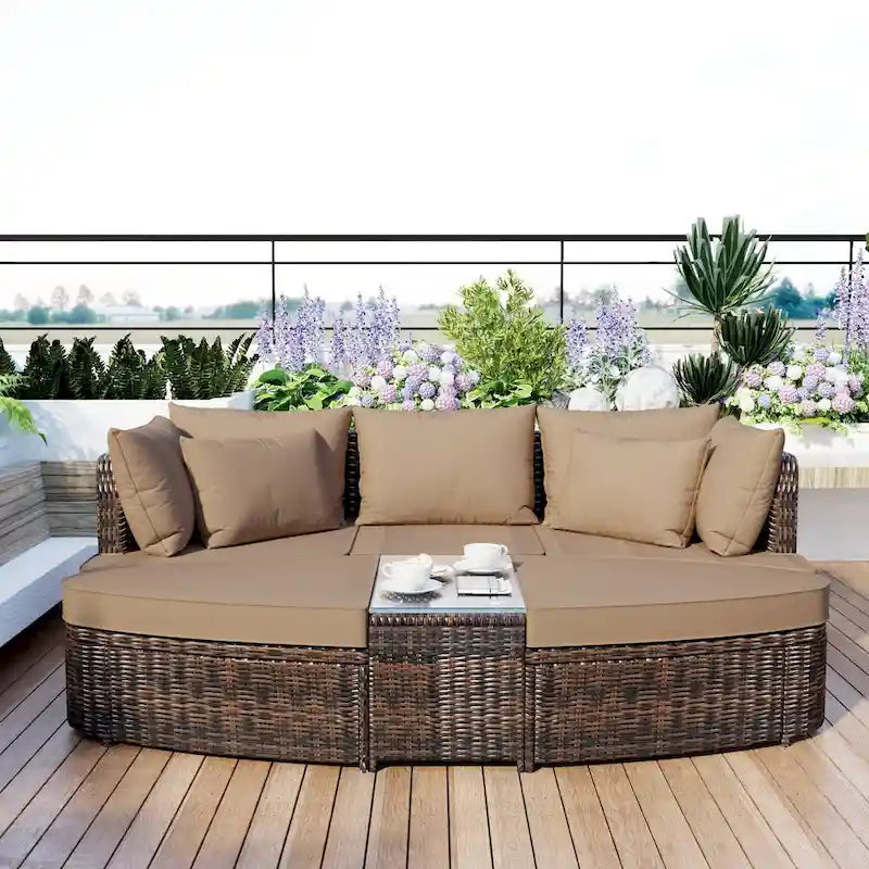 6 Piece Outdoor Round Sofa Set, All Weather Patio Conversation Set, PE Wicker Rattan Sectional Sofa Set with Coffee Table