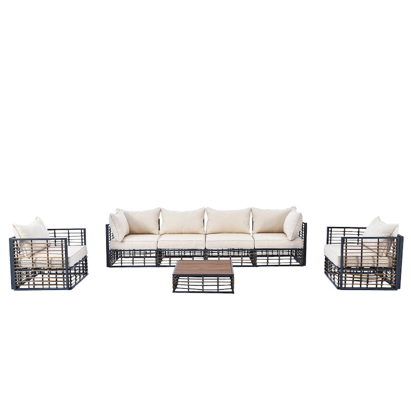 Ensemble de conversation de patio 7 pièces, mobilier de jardin toutes saisons avec coussins épais et table basse