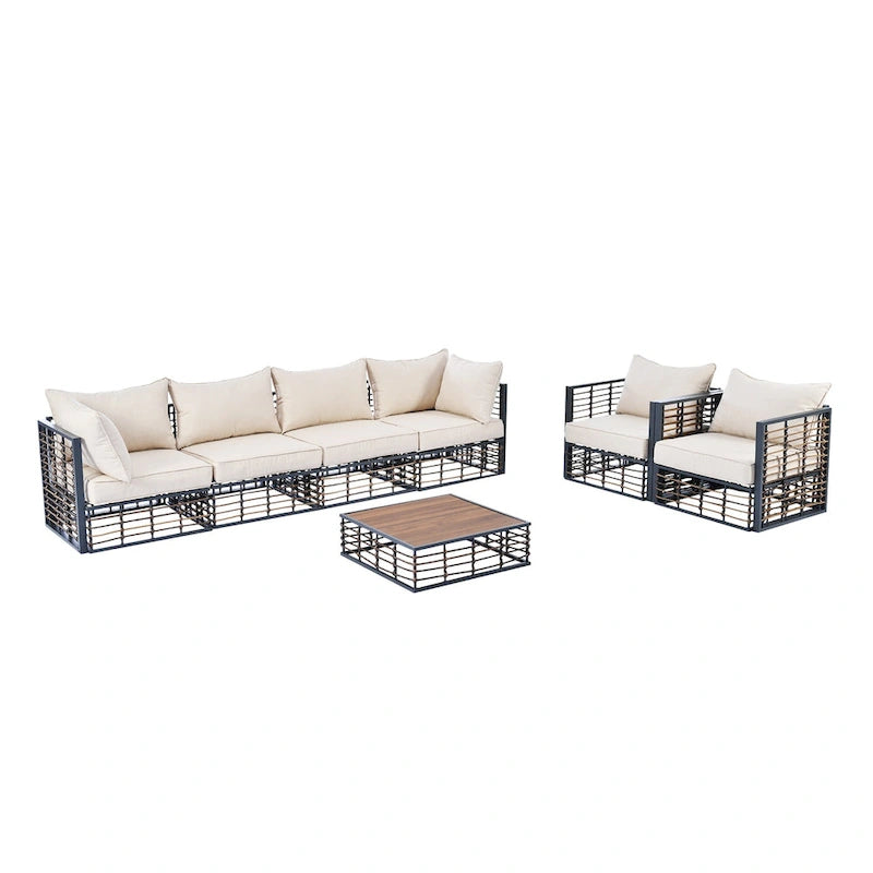 Ensemble de conversation de patio 7 pièces, mobilier de jardin toutes saisons avec coussins épais et table basse