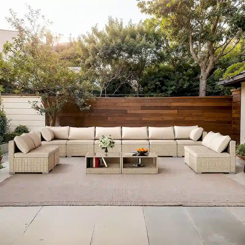 Ensemble de meubles d'extérieur 12 pièces, salon de jardin en rotin synthétique avec coussins imperméables et 2 tables basses
