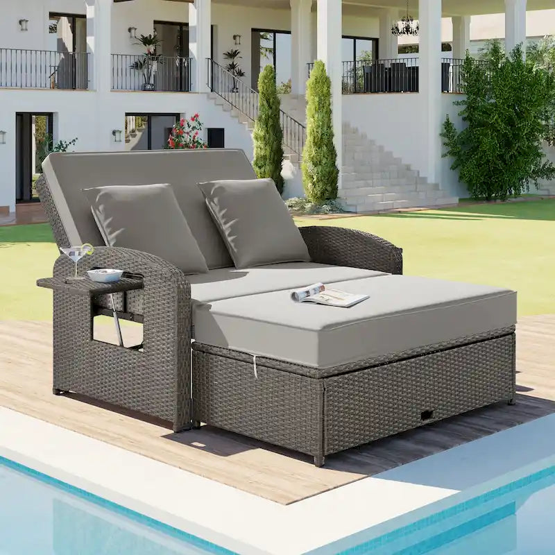 Double chaise longue en rotin PE tressé pour l'extérieur, ensemble de conversation de terrasse tout temps, chaise longue de patio inclinable avec dossier réglable