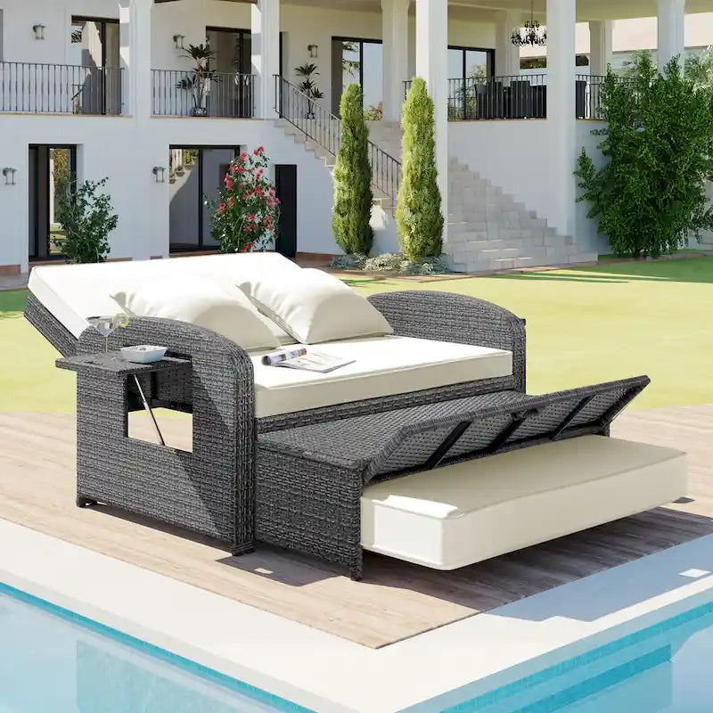 Double chaise longue en rotin PE tressé pour l'extérieur, ensemble de conversation de terrasse tout temps, chaise longue de patio inclinable avec dossier réglable