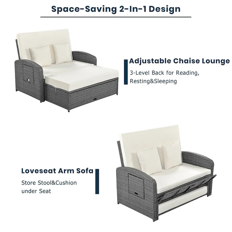 Double chaise longue en rotin PE tressé pour l'extérieur, ensemble de conversation de terrasse tout temps, chaise longue de patio inclinable avec dossier réglable