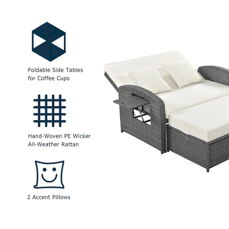 Double chaise longue en rotin PE tressé pour l'extérieur, ensemble de conversation de terrasse tout temps, chaise longue de patio inclinable avec dossier réglable