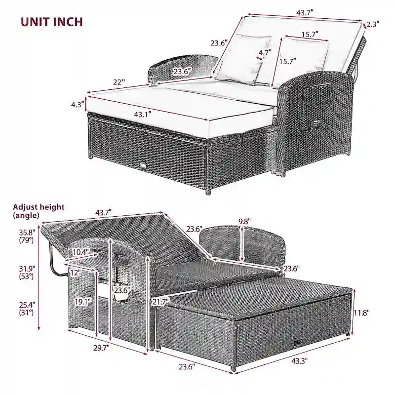 Double chaise longue en rotin PE tressé pour l'extérieur, ensemble de conversation de terrasse tout temps, chaise longue de patio inclinable avec dossier réglable