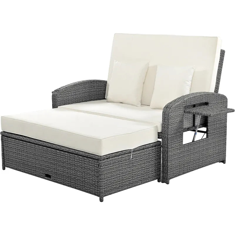 Double chaise longue en rotin PE tressé pour l'extérieur, ensemble de conversation de terrasse tout temps, chaise longue de patio inclinable avec dossier réglable