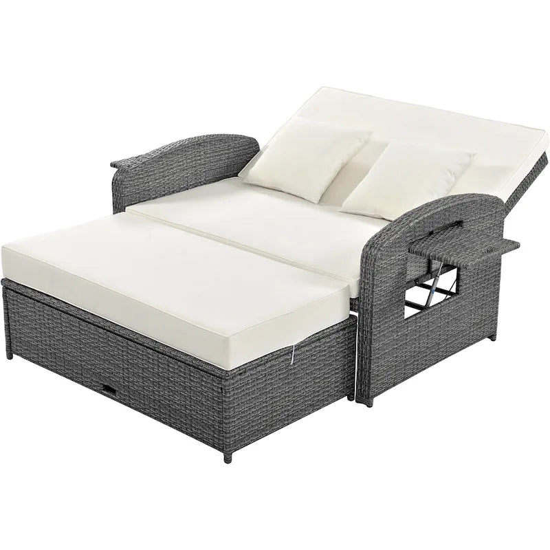 Double chaise longue en rotin PE tressé pour l'extérieur, ensemble de conversation de terrasse tout temps, chaise longue de patio inclinable avec dossier réglable