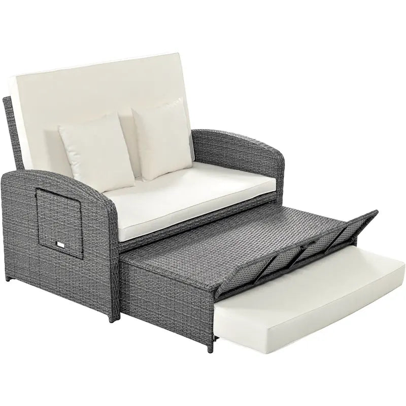 Double chaise longue en rotin PE tressé pour l'extérieur, ensemble de conversation de terrasse tout temps, chaise longue de patio inclinable avec dossier réglable