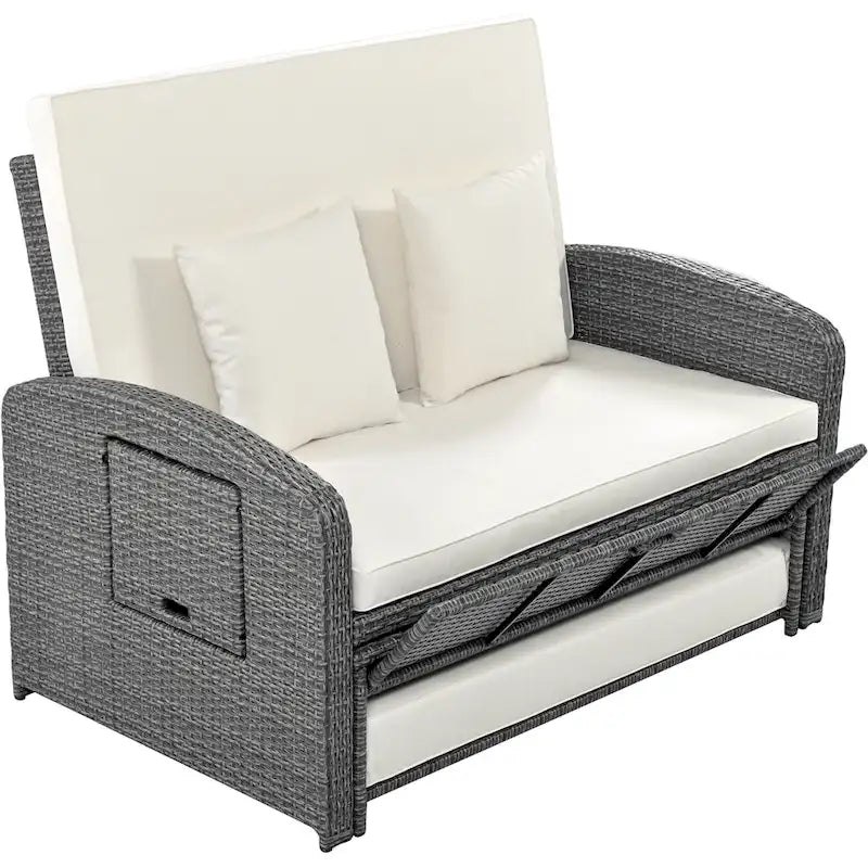 Double chaise longue en rotin PE tressé pour l'extérieur, ensemble de conversation de terrasse tout temps, chaise longue de patio inclinable avec dossier réglable