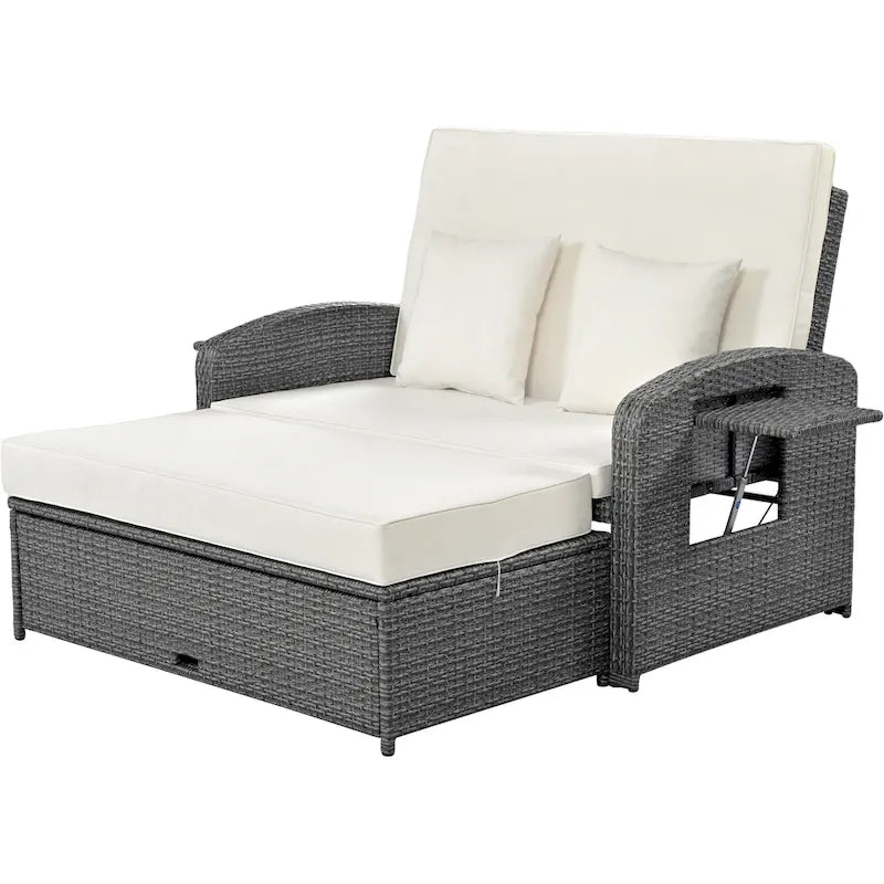 Double chaise longue en rotin PE tressé pour l'extérieur, ensemble de conversation de terrasse tout temps, chaise longue de patio inclinable avec dossier réglable