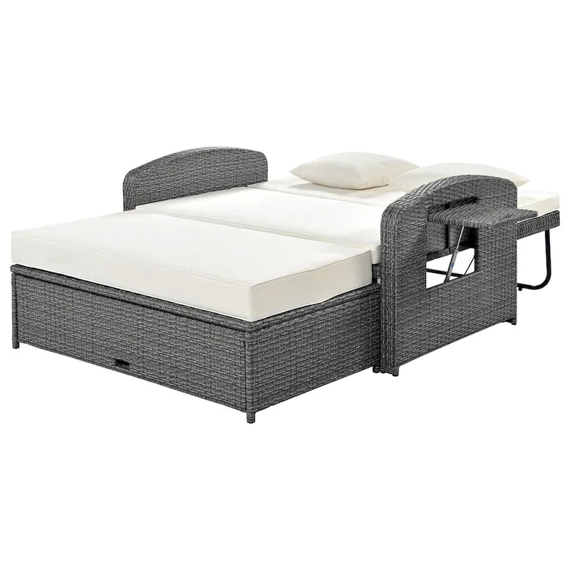 Double chaise longue en rotin PE tressé pour l'extérieur, ensemble de conversation de terrasse tout temps, chaise longue de patio inclinable avec dossier réglable