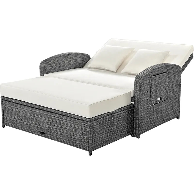 Double chaise longue en rotin PE tressé pour l'extérieur, ensemble de conversation de terrasse tout temps, chaise longue de patio inclinable avec dossier réglable