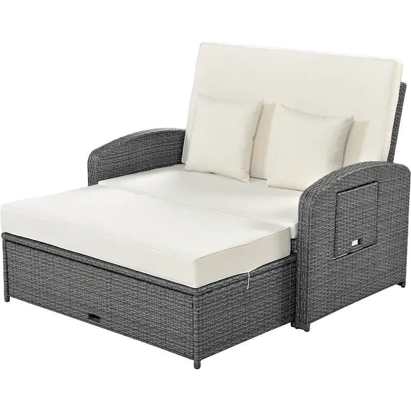 Double chaise longue en rotin PE tressé pour l'extérieur, ensemble de conversation de terrasse tout temps, chaise longue de patio inclinable avec dossier réglable