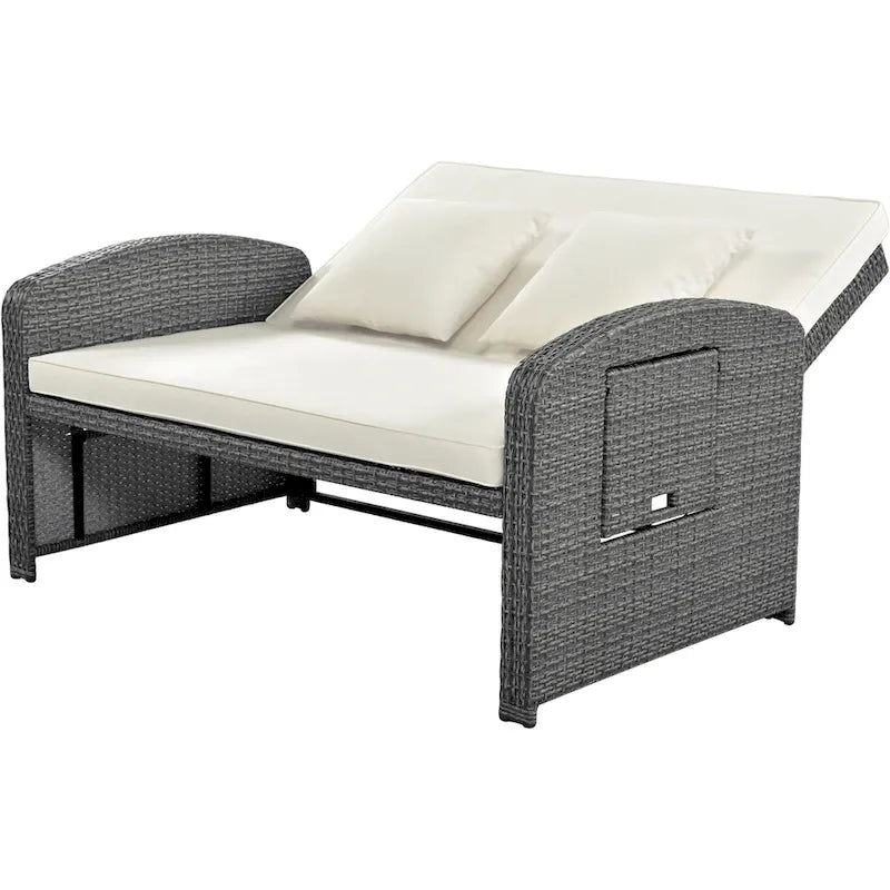 Double chaise longue en rotin PE tressé pour l'extérieur, ensemble de conversation de terrasse tout temps, chaise longue de patio inclinable avec dossier réglable