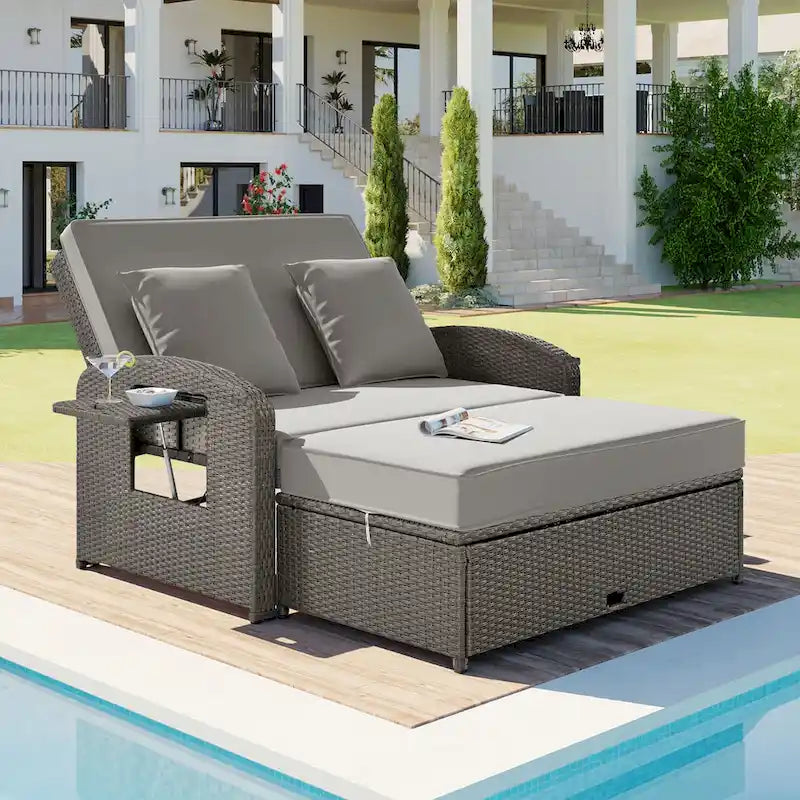 Double chaise longue en rotin PE tressé pour l'extérieur, ensemble de conversation de terrasse tout temps, chaise longue de patio inclinable avec dossier réglable