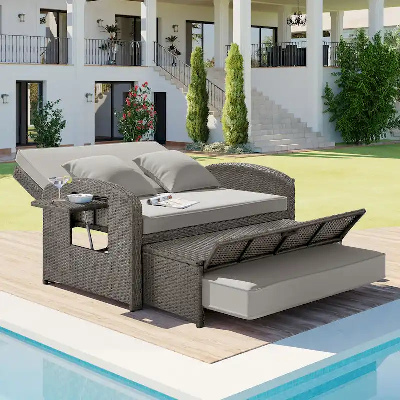 Double chaise longue en rotin PE tressé pour l'extérieur, ensemble de conversation de terrasse tout temps, chaise longue de patio inclinable avec dossier réglable