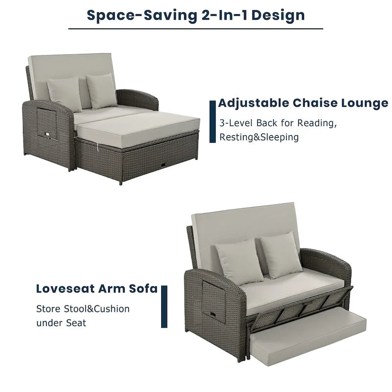 Double chaise longue en rotin PE tressé pour l'extérieur, ensemble de conversation de terrasse tout temps, chaise longue de patio inclinable avec dossier réglable
