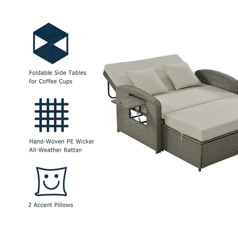 Double chaise longue en rotin PE tressé pour l'extérieur, ensemble de conversation de terrasse tout temps, chaise longue de patio inclinable avec dossier réglable