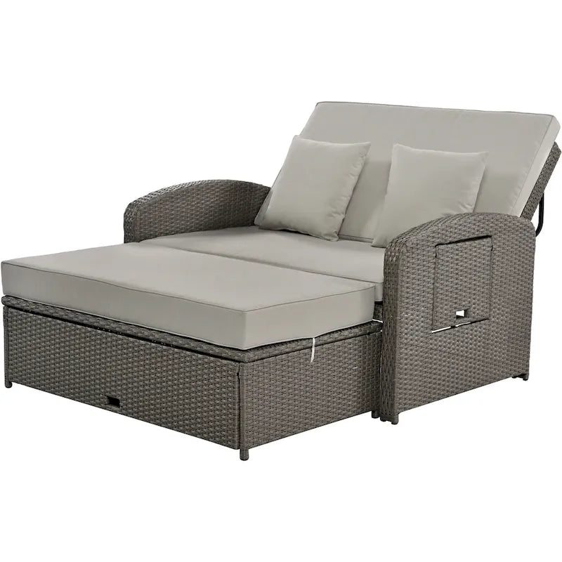 Double chaise longue en rotin PE tressé pour l'extérieur, ensemble de conversation de terrasse tout temps, chaise longue de patio inclinable avec dossier réglable