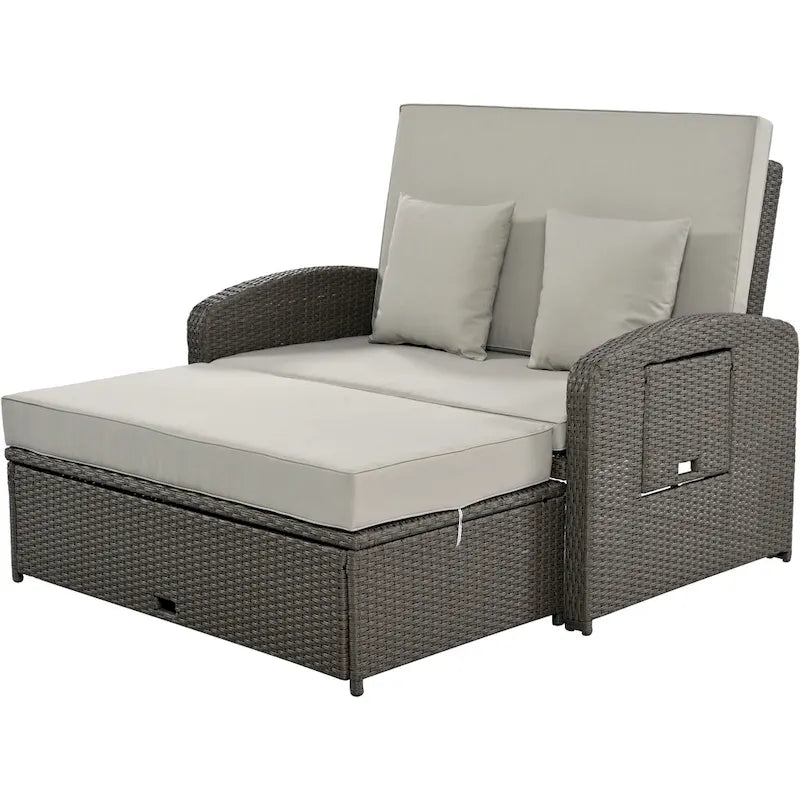 Double chaise longue en rotin PE tressé pour l'extérieur, ensemble de conversation de terrasse tout temps, chaise longue de patio inclinable avec dossier réglable