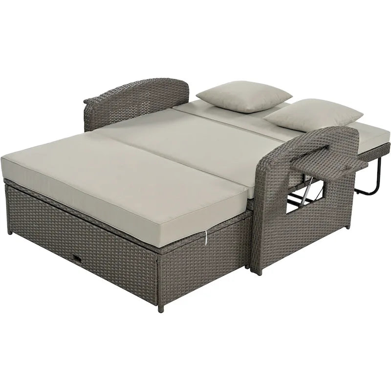 Double chaise longue en rotin PE tressé pour l'extérieur, ensemble de conversation de terrasse tout temps, chaise longue de patio inclinable avec dossier réglable