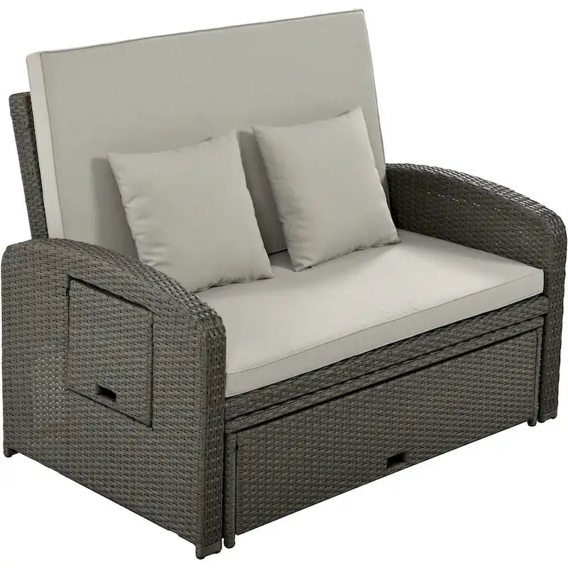 Double chaise longue en rotin PE tressé pour l'extérieur, ensemble de conversation de terrasse tout temps, chaise longue de patio inclinable avec dossier réglable