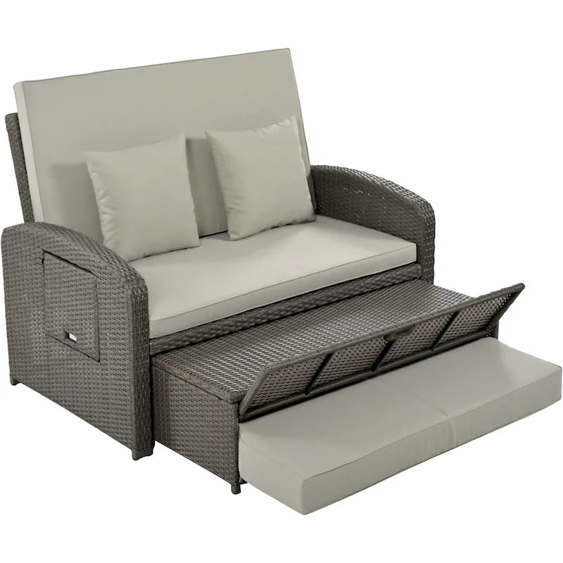 Double chaise longue en rotin PE tressé pour l'extérieur, ensemble de conversation de terrasse tout temps, chaise longue de patio inclinable avec dossier réglable