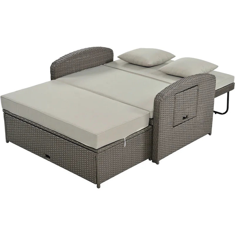 Double chaise longue en rotin PE tressé pour l'extérieur, ensemble de conversation de terrasse tout temps, chaise longue de patio inclinable avec dossier réglable