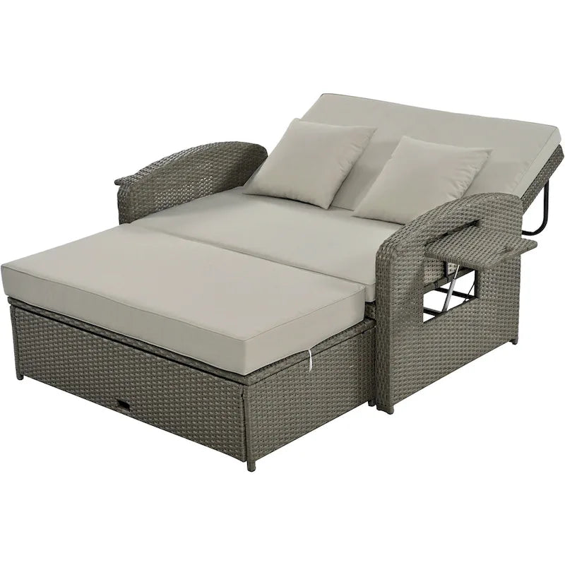Double chaise longue en rotin PE tressé pour l'extérieur, ensemble de conversation de terrasse tout temps, chaise longue de patio inclinable avec dossier réglable