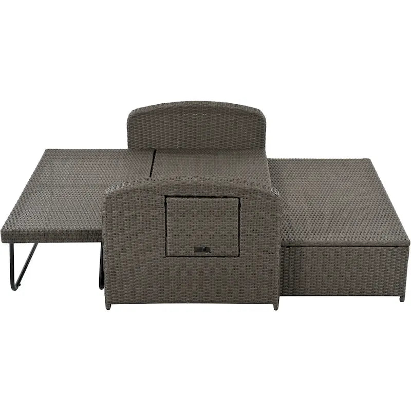 Double chaise longue en rotin PE tressé pour l'extérieur, ensemble de conversation de terrasse tout temps, chaise longue de patio inclinable avec dossier réglable