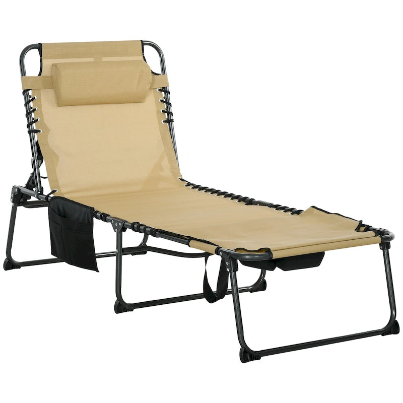 Chaise longue pliante portable avec dossier réglable, ouverture pour le visage, poche latérale et oreiller pour le bronzage, la piscine et le jardin
