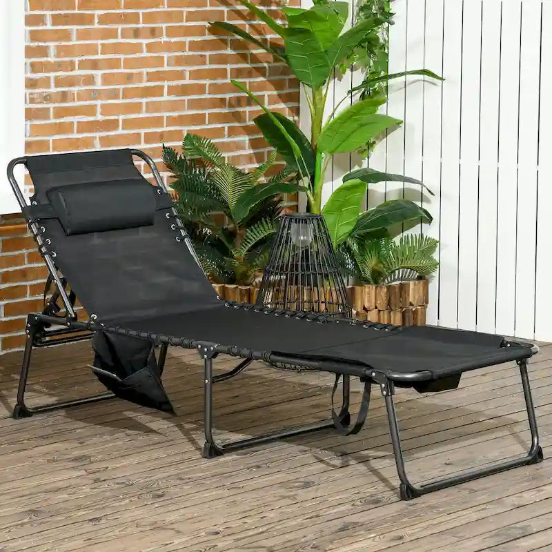 Chaise longue pliante portable avec dossier réglable, ouverture pour le visage, poche latérale et oreiller pour le bronzage, la piscine et le jardin