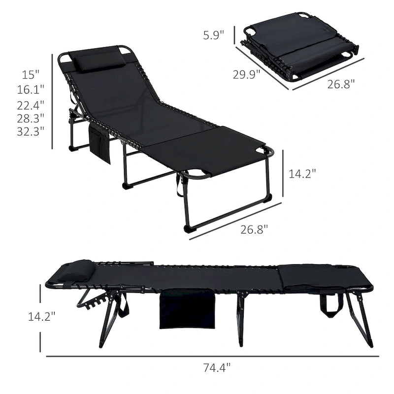Chaise longue pliante portable avec dossier réglable, ouverture pour le visage, poche latérale et oreiller pour le bronzage, la piscine et le jardin