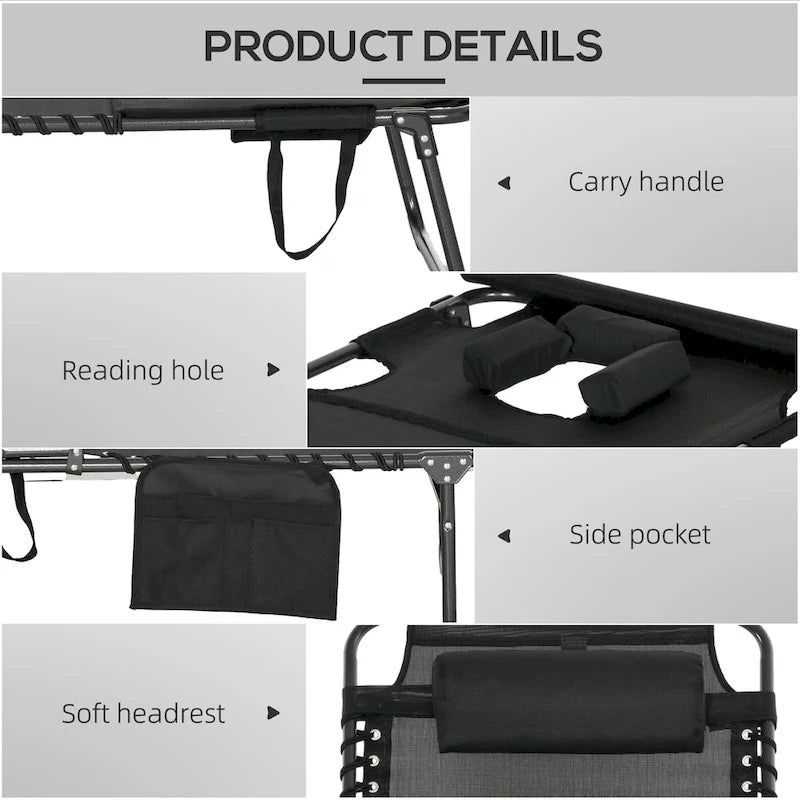 Chaise longue pliante portable avec dossier réglable, ouverture pour le visage, poche latérale et oreiller pour le bronzage, la piscine et le jardin