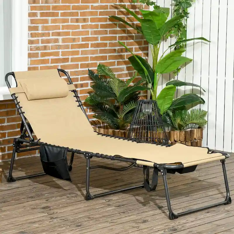 Chaise longue pliante portable avec dossier réglable, ouverture pour le visage, poche latérale et oreiller pour le bronzage, la piscine et le jardin