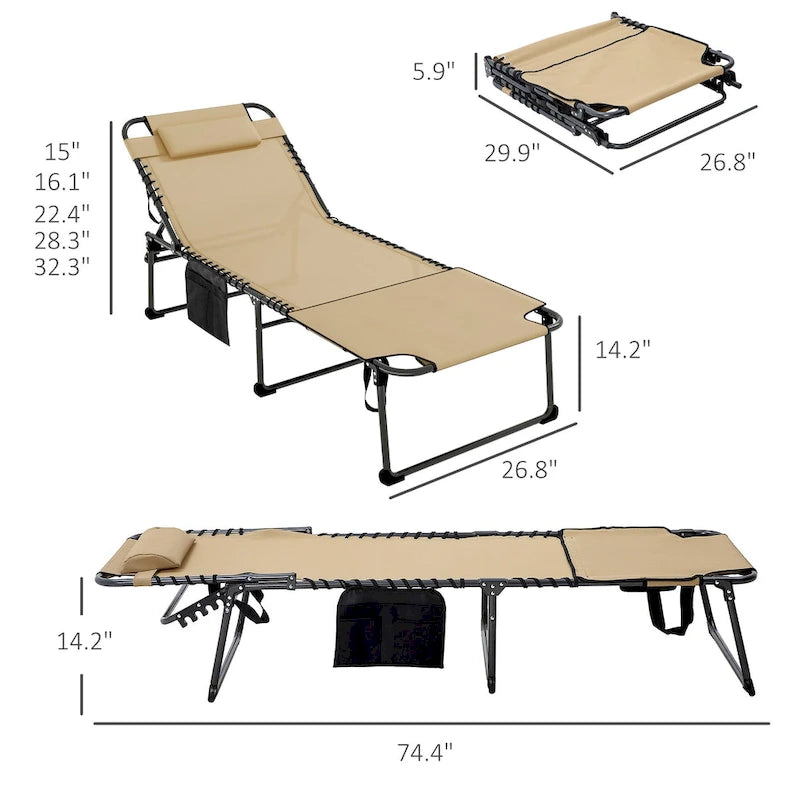 Chaise longue pliante portable avec dossier réglable, ouverture pour le visage, poche latérale et oreiller pour le bronzage, la piscine et le jardin