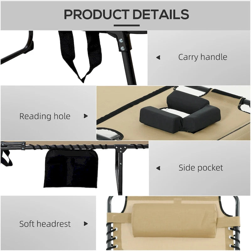 Chaise longue pliante portable avec dossier réglable, ouverture pour le visage, poche latérale et oreiller pour le bronzage, la piscine et le jardin
