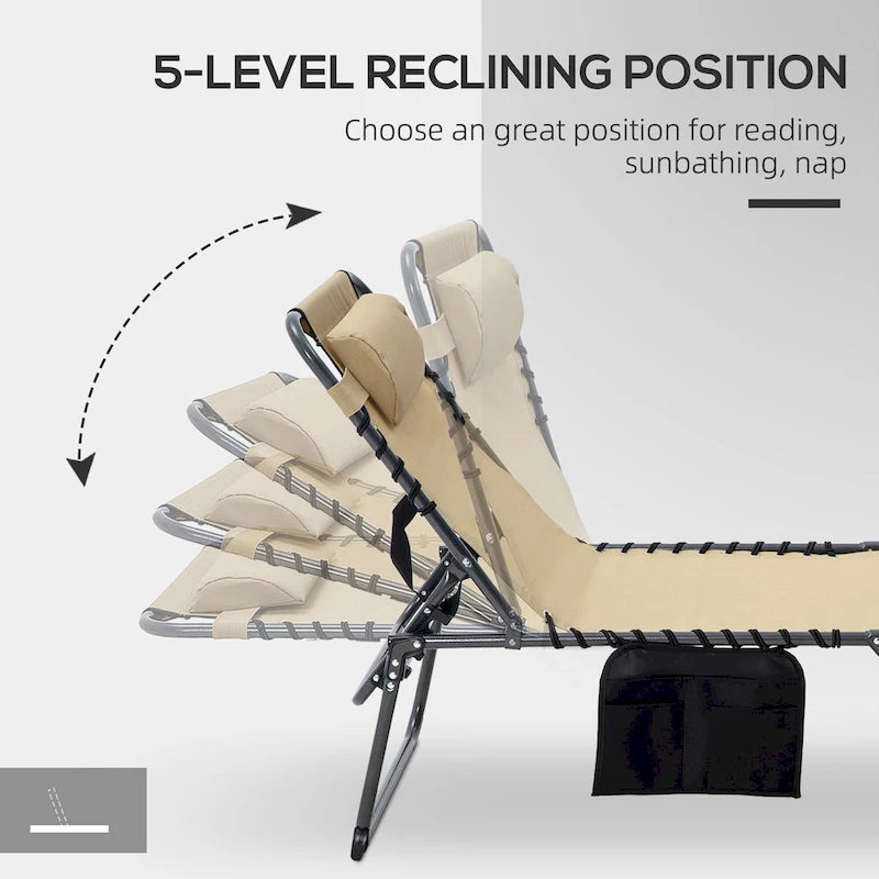 Chaise longue pliante portable avec dossier réglable, ouverture pour le visage, poche latérale et oreiller pour le bronzage, la piscine et le jardin