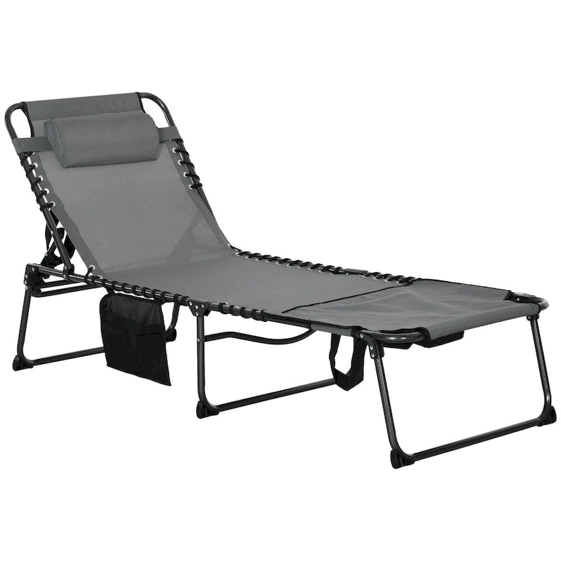 Chaise longue pliante portable avec dossier réglable, ouverture pour le visage, poche latérale et oreiller pour le bronzage, la piscine et le jardin