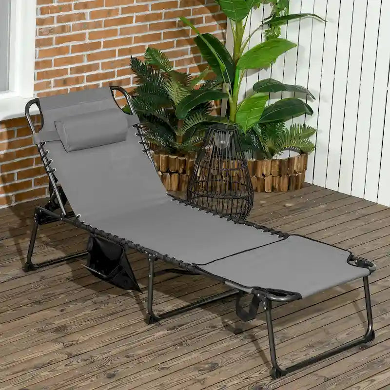 Chaise longue pliante portable avec dossier réglable, ouverture pour le visage, poche latérale et oreiller pour le bronzage, la piscine et le jardin