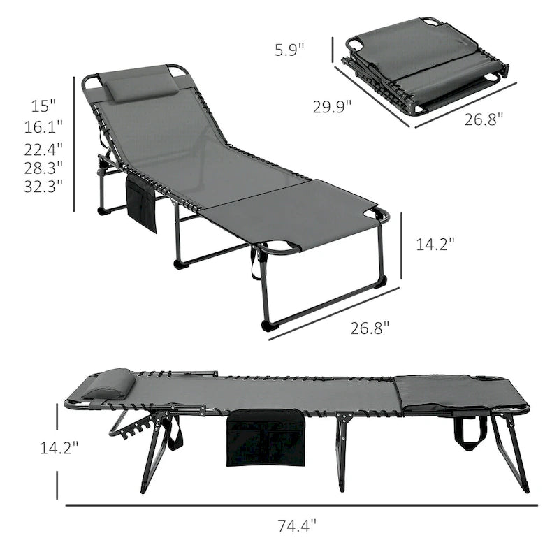 Chaise longue pliante portable avec dossier réglable, ouverture pour le visage, poche latérale et oreiller pour le bronzage, la piscine et le jardin