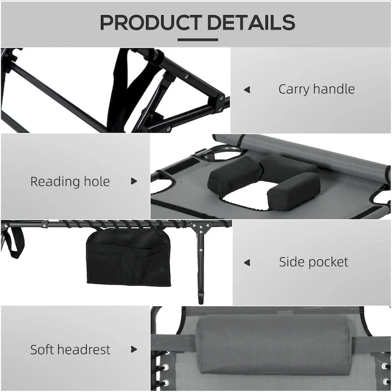 Chaise longue pliante portable avec dossier réglable, ouverture pour le visage, poche latérale et oreiller pour le bronzage, la piscine et le jardin