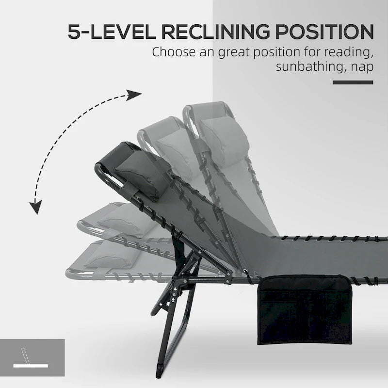 Chaise longue pliante portable avec dossier réglable, ouverture pour le visage, poche latérale et oreiller pour le bronzage, la piscine et le jardin