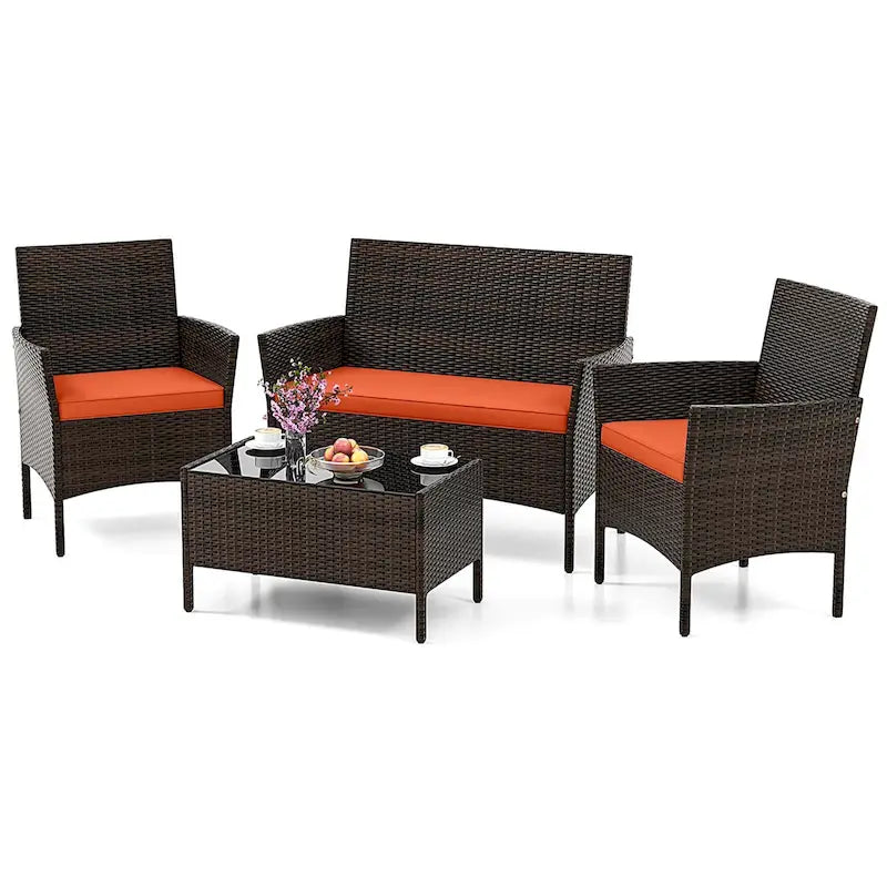 Gymax Set of 4 Furniture Set w/ Washable Cushions & Tempered Glass