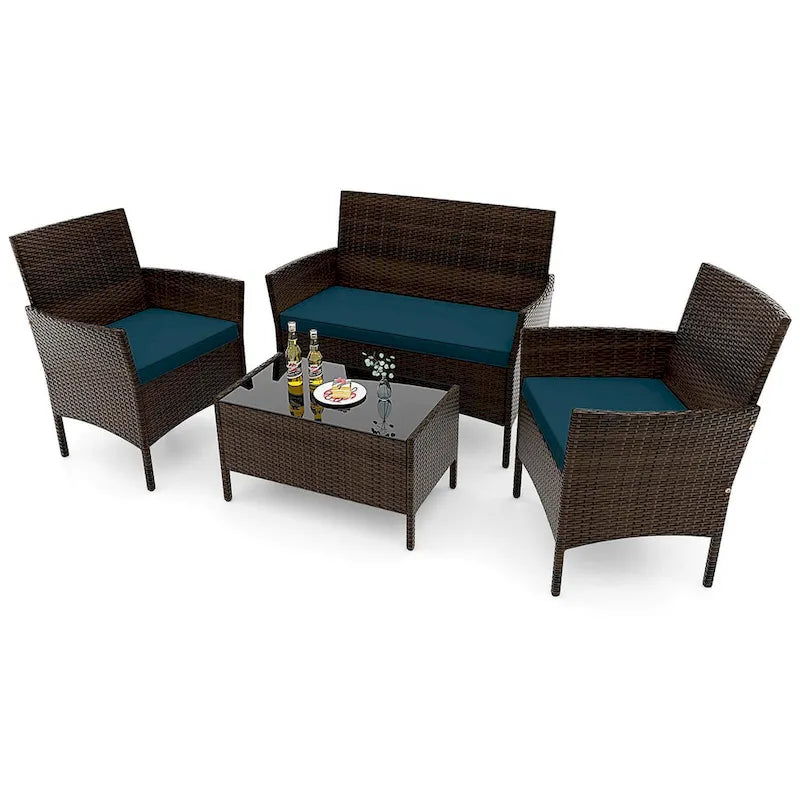 Gymax Set of 4 Furniture Set w/ Washable Cushions & Tempered Glass